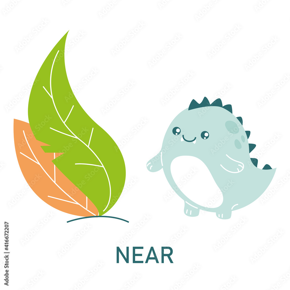 Cute dinosaur near the leaves, learning preposition vector isolated. Preschool education, study position of the object. Funny dino standing near plants.