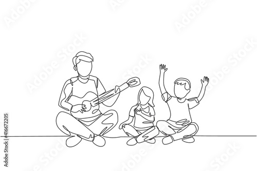 One continuous line drawing of young cheerful father playing guitar and singing together with kids at home. Happy family parenthood concept. Dynamic single line draw design vector illustration