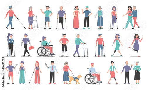 Disabled people set. Collection of characters with disability. Deaf, blind and handicapped women and men. Adults with prosthetic arms and legs. Guy in a wheelchair, injured girl with crutches.
