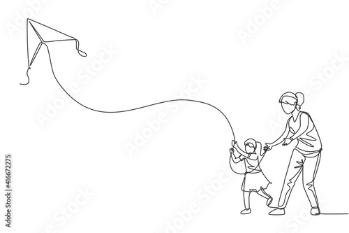 One continuous line drawing of young mother and her daughter playing to fly kite up into the sky at outdoor field. Happy family parenthood concept. Dynamic single line draw design vector illustration