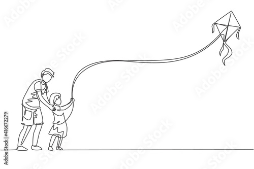 One single line drawing of young dad and his daughter playing to fly kite up into the sky at outdoor field vector illustration. Happy family bonding concept. Modern continuous line graphic draw design