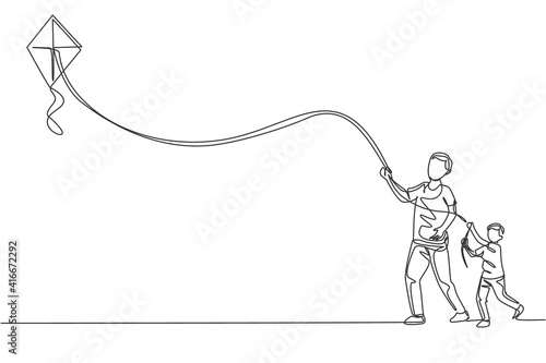 One single line drawing of young father and his son playing to fly kite up into the sky at outdoor field vector illustration. Happy family bonding concept. Modern continuous line draw graphic design
