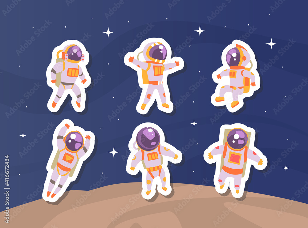 Astronaut Stickers Set, Cute Cosmonaut in Outer Space Patches Cartoon Vector Illustration Astronaut Stickers Set, Cute Cosmonaut in Outer Space Patches Cartoon Vector Illustration