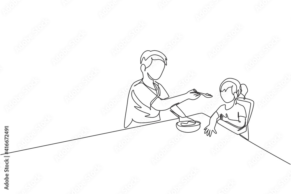 One continuous line drawing young dad feeding his sick fever daughter while siting on dining chair at home. Happy family parenting concept. Dynamic single line draw design vector graphic illustration