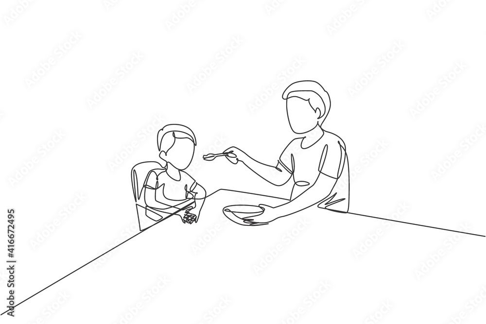 One continuous line drawing of young father feeding his sick fever son while siting on dining chair at home. Happy family parenting concept. Dynamic single line draw design graphic vector illustration