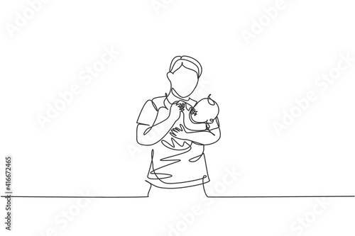One single line drawing of young father carrying and feeding his baby with nutritious food at home graphic vector illustration. Happy parenting learning concept. Modern continuous line draw design