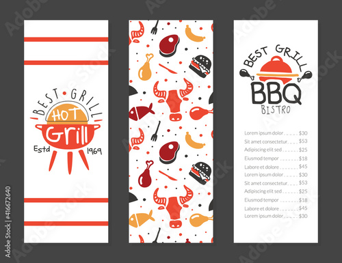 BBQ Bistro Menu Template Design, Best Gril House, Restaurant, Bar Poster, Invitation, Flyer, Promo Design Cartoon Vector Illustration