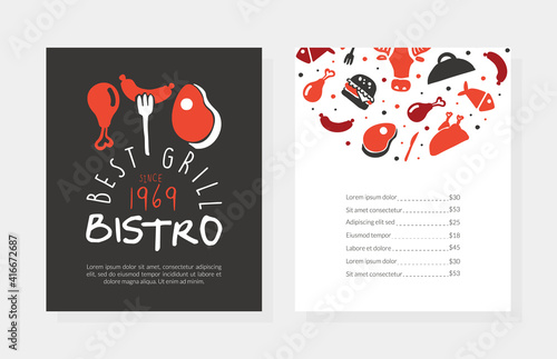 Best Gril Bistro Menu Template Design, BBQ Restaurant, Bar Poster, Invitation, Flyer, Promo Design Cartoon Vector Illustration