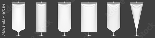 White pennant flags different shapes on metal stand. Vector realistic template of blank textile pennons on steel pole for sport teams, varsity or heraldic symbols isolated on transparent background
