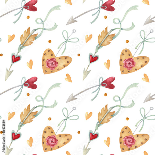 Watercolor seamless pattern with heart  arrow  and emblem on the light background. Bright illustration. Ideal for textile  wrapping  and other designs.