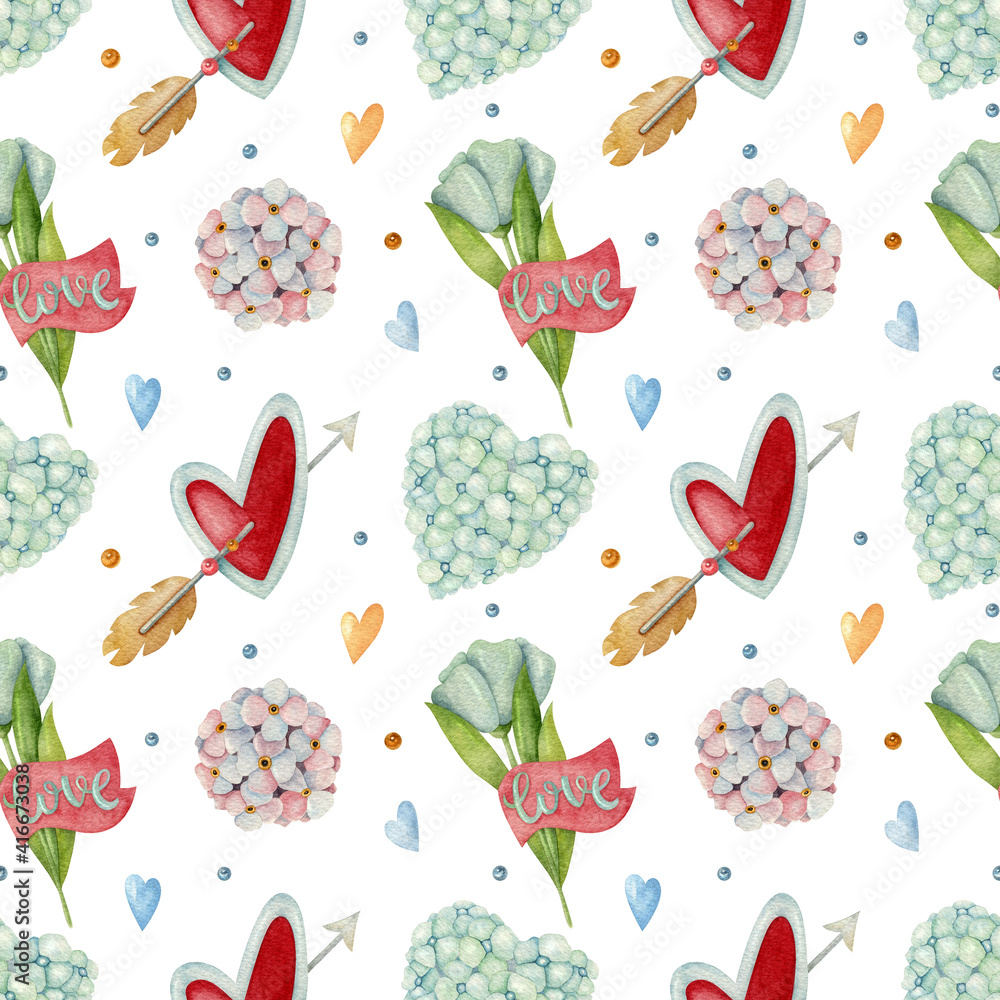 Watercolor seamless pattern with heart, arrow, ribbon, and flower on the light background. Bright illustration. Ideal for textile, wrapping, and other designs. Watercolor seamless pattern with heart, arrow, ribbon, and flower on the light background. Bright illustration. Ideal for textile, wrapping, and other designs.