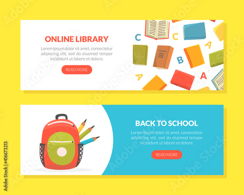 Online Library, Back to School Landing Page Templates Set, Education, E- Learning, Reading Program for Kids Website Website Vector Illustration