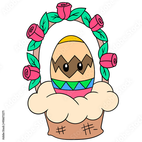 the basket contains the easter day celebration eggs, doodle icon image kawaii