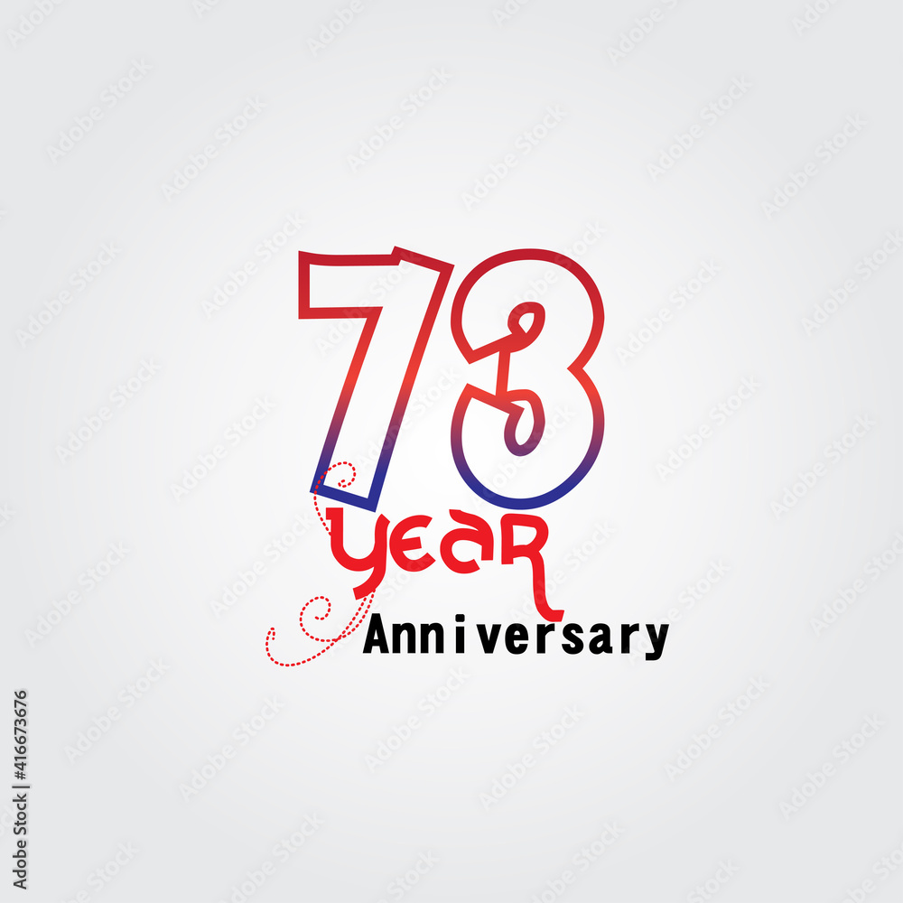 73 years anniversary celebration logotype. anniversary logo with red and blue color isolated on gray background, vector design for celebration, invitation card, and greeting card