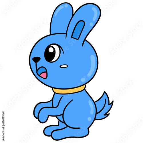 blue rabbit is standing cute pet, doodle icon image kawaii
