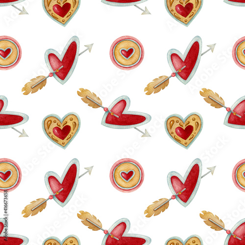 Watercolor seamless pattern with heart, biscuits, and arrow on the light background. Bright illustration. Ideal for textile, wrapping, and other designs.