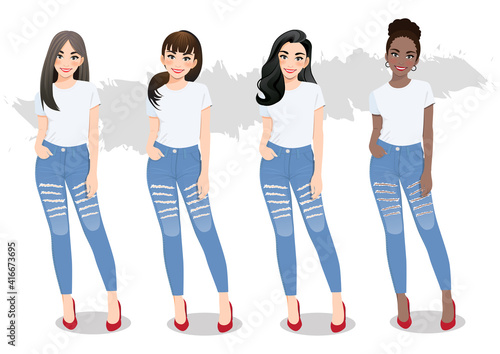 Set of diverse girls with different hairstyles in white T-shirts and blue jeans vector