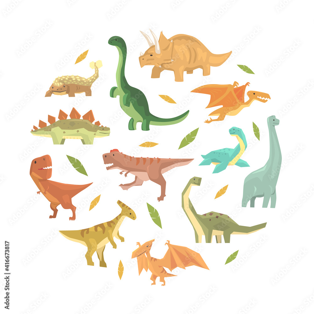 Naklejka Śliczne kolorowe dinozaury w okrągłym kształcie, Cute prehistorycznych zwierząt transparent, karty, tło Desin kreskówka wektor ilustracja.