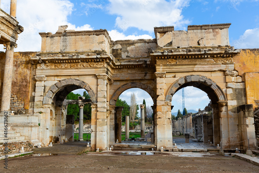 Remained Gate of Mazeus and Mithridates in Ephesus, triumphal arch built in honor of Emperor Augustus, Izmir, Turkey