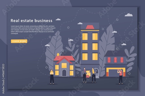 Vector illustration real estate business concept landing page with houses. online search apartment rental market buying. investment with group investors. Flat design style modern
