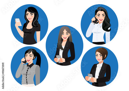 Set of female use smartphone vector flat illustration. Business women chatting or surfing internet on mobile phone. Communication Concept Collection of person hold mobile phone vector.