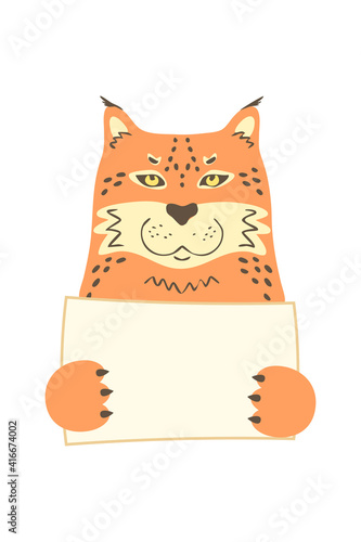 Puma lynx caracal cat cartoon animal holding tag sign with copy space. set greeting card banner invitation flyer brochure. cartoon hand drawn style. Little pets with blank marksign information plate photo