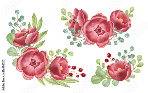 Watercolor set on the light background. Bright hand-painted illustration of flower compositions with leaves and berries.