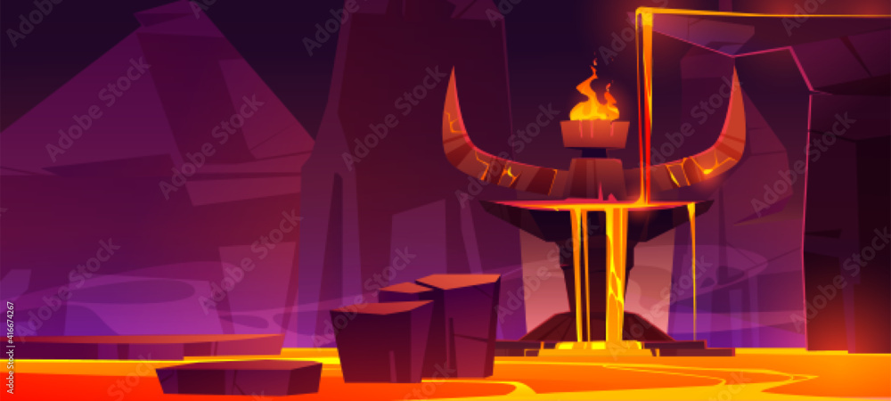 Road to hell, infernal hot cave with lava flow from altar with huge devil stone horns and burning fire on top, rocks path in liquid magma going to blazing satan sanctuary, Cartoon vector illustration Road to hell, infernal hot cave with lava flow from altar with huge devil stone horns and burning fire on top, rocks path in liquid magma going to blazing satan sanctuary, Cartoon vector illustration
