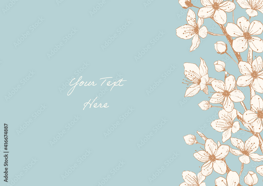 hand drawn cherry blossoms flower sepia frame05, spring vector design for message card.