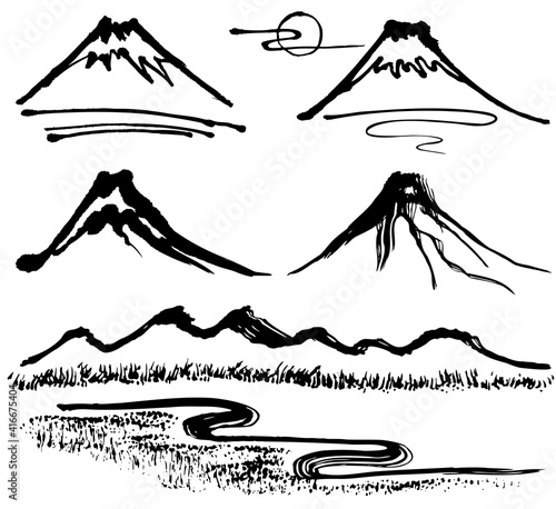 山　手書き　毛筆イラスト