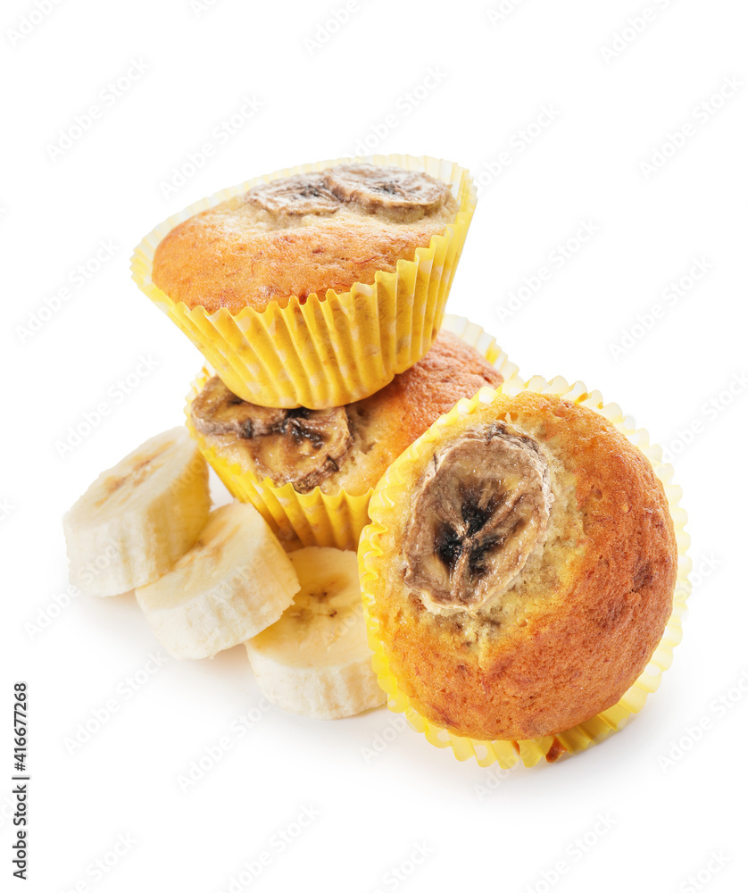 Tasty banana muffins on white background Tasty banana muffins on white background