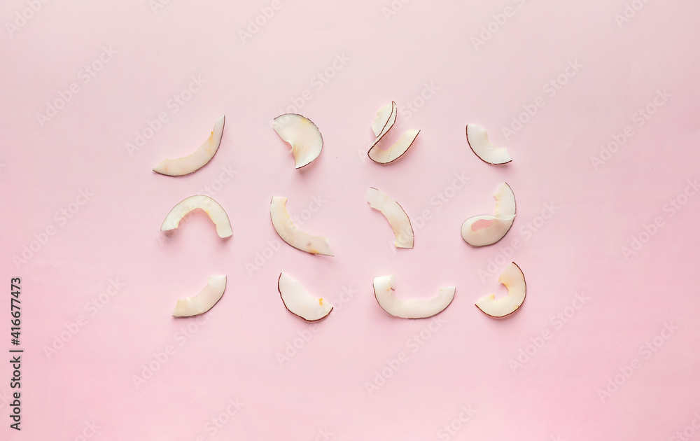 Tasty coconut chips on color background Tasty coconut chips on color background