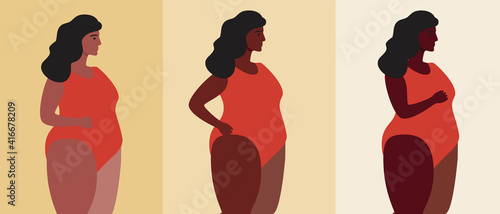 Afro woman plus size, tanning on light skin, flat vector stock illusion as concept of sunburn progress, tan, tanning, summer suntan