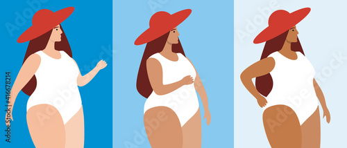 Attractive plus size woman, tanning on light skin, flat vector stock illustration as sunburn progress concept, tan, tanning, summer suntan