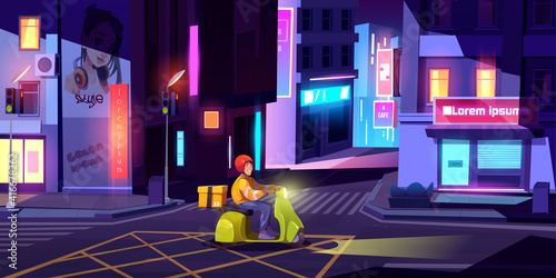 Delivery man on scooter with box drives on city street at night. Vector cartoon cityscape with boy on motorcycle on road in town. Courier in helmet on moped with order
