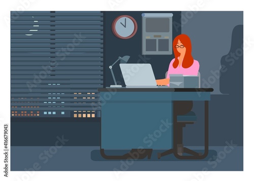 Female employee working overnight in the office. Simple Illustration.