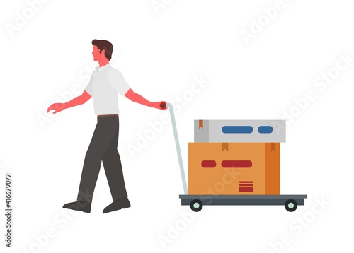 Man pulling trolley contains boxes