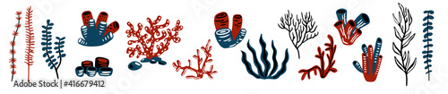 A set of cartoon underwater plants and creatures. Vector of isolated marine corals and algae. blue, black. Hand drawing