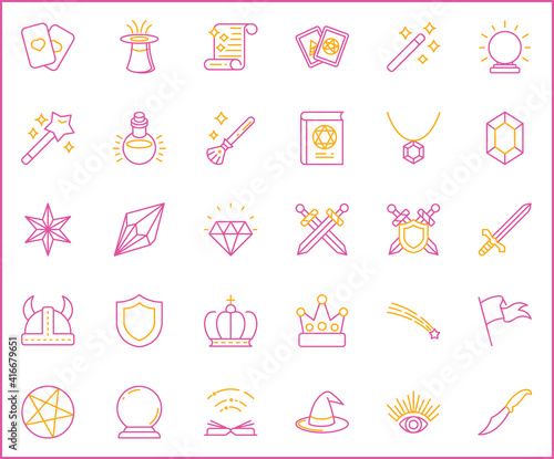 Set of magic and alchemy icons line style. It contains such Icons as storybook, fairy tale, fantasy, witch, wizardry, enchantment and other elements. customize color, easy resize.