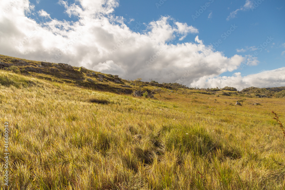 Panorama of the landscape close to Diamantina with stones in the foreground, Minas Gerais, Brazil