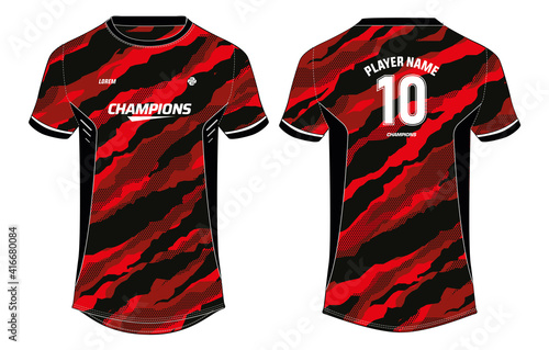 Camouflage Sports t-shirt jersey design concept vector template, Football jersey concept with front and back view for Soccer, Cricket, Volleyball, Rugby, tennis, badminton and e sports uniform