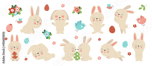Fototapeta Naklejka Na Ścianę i Meble -  Set of cute Easter bunnies, flowers and decorated eggs on a white background. Traditional symbol of Easter. Funny animals in different poses.