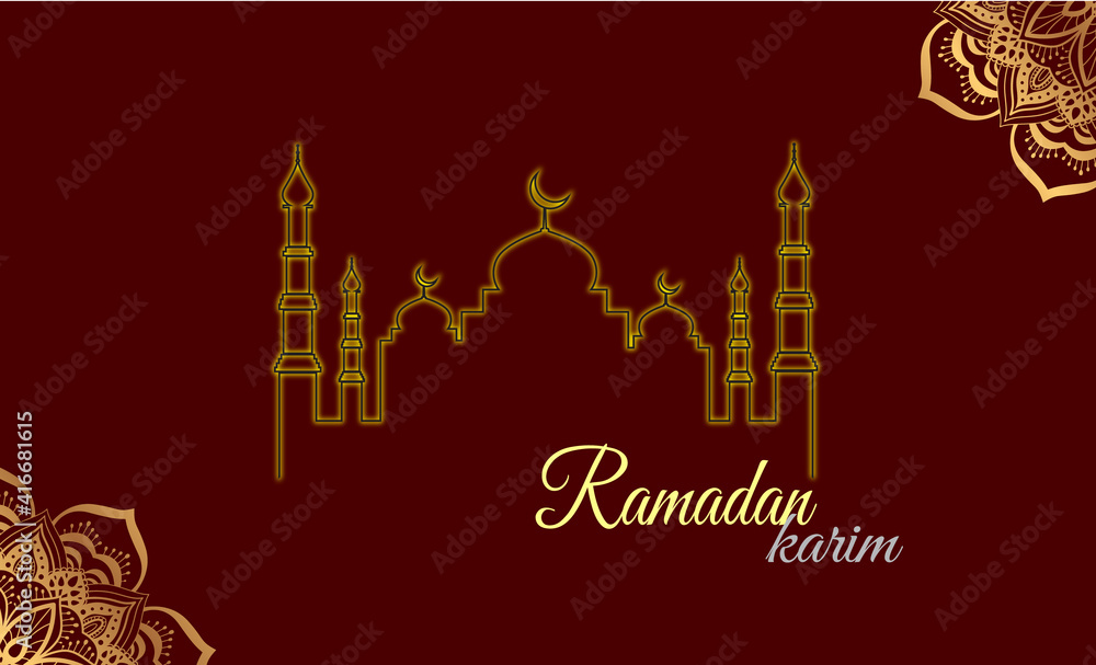 Ramadan Kareem banner with 3d metallic golden crescent moon, paper cut abstract arabesque flowers and Arabic handwritten calligraphy. Translation Ramadan Kareem. Vector. Ramadan Kareem banner with 3d metallic golden crescent moon, paper cut abstract arabesque flowers and Arabic handwritten calligraphy. Translation Ramadan Kareem. Vector.