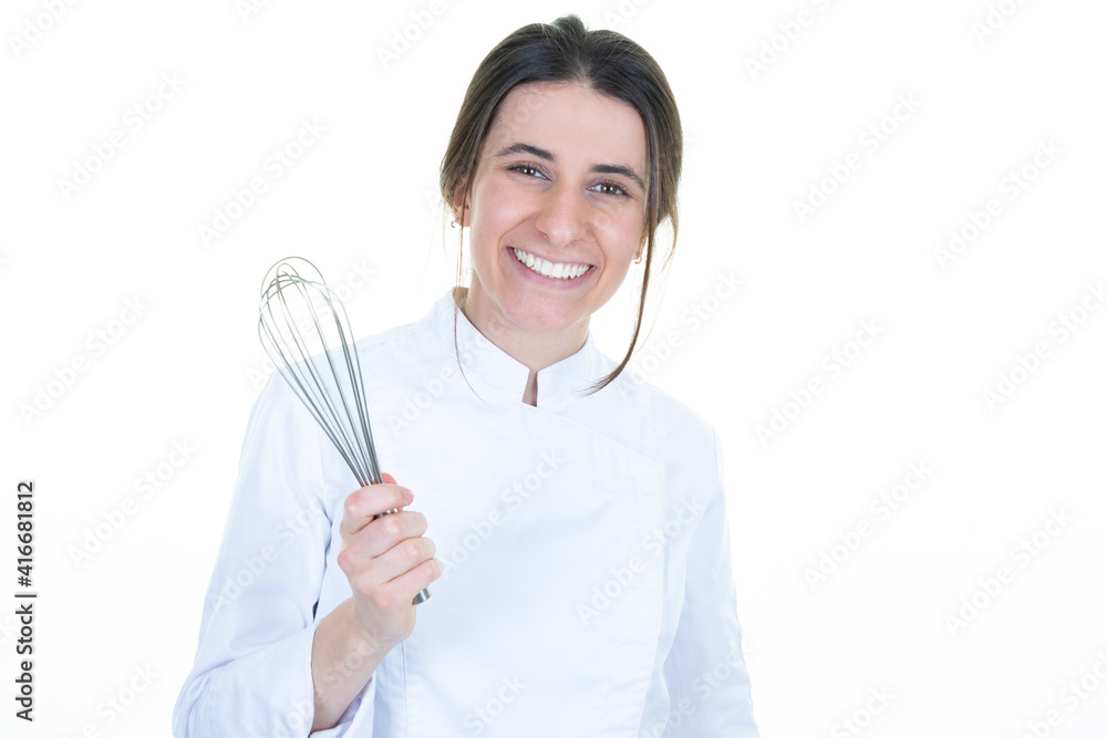 female chef with pastry whip on white background female chef with pastry whip on white background