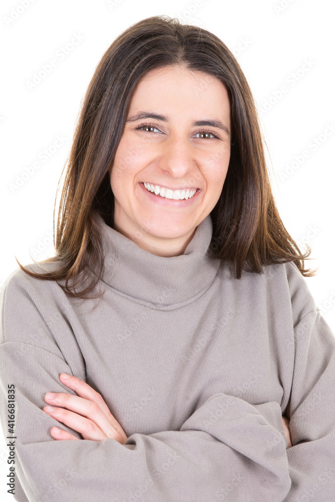 Joyful young happy woman laughing posing for camera shot on white background Joyful young happy woman laughing posing for camera shot on white background