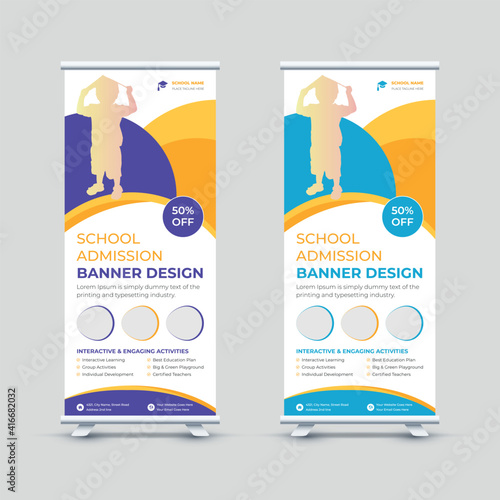 School admission standee banner layout, kids education back to school promotional rollup banner or dl flyer or rack card design template.