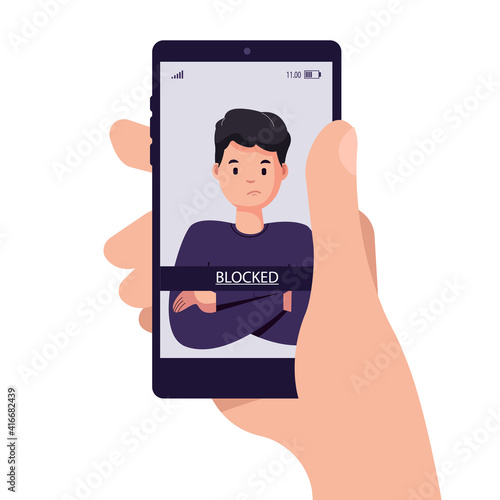 Hand holding a smartphone with a blocked user account, displayed on a screen, privacy in social media