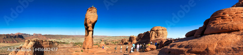 MOAB, UT - JULY 2, 2019: Amazing Delicate Arch in Arches National Park, Utah - Panoramic view