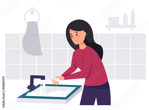 A woman washing her hands in the sink concept vector illustration. Virus and germs prevention healthcare in flat design