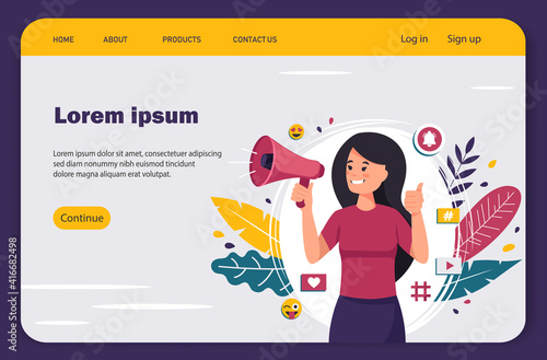 Female video blogger making announcements with a megaphone. Vector illustration in flat style